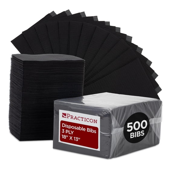 Practicon 500 Pack Black Disposable Patient Bibs, 18" x 13", 3 Ply Waterproof Paper Bib Sheet with Poly Back, Dental, Medical, Tattoo, Nail Tray or Table Cover, Case of 500