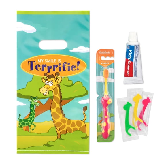 Practicon SmileGoods Dental Hygiene Kit, Makes 72 Dental Care Giveaways with Toothbrush, Toothpaste, Flossers and Bag (Giraffe)