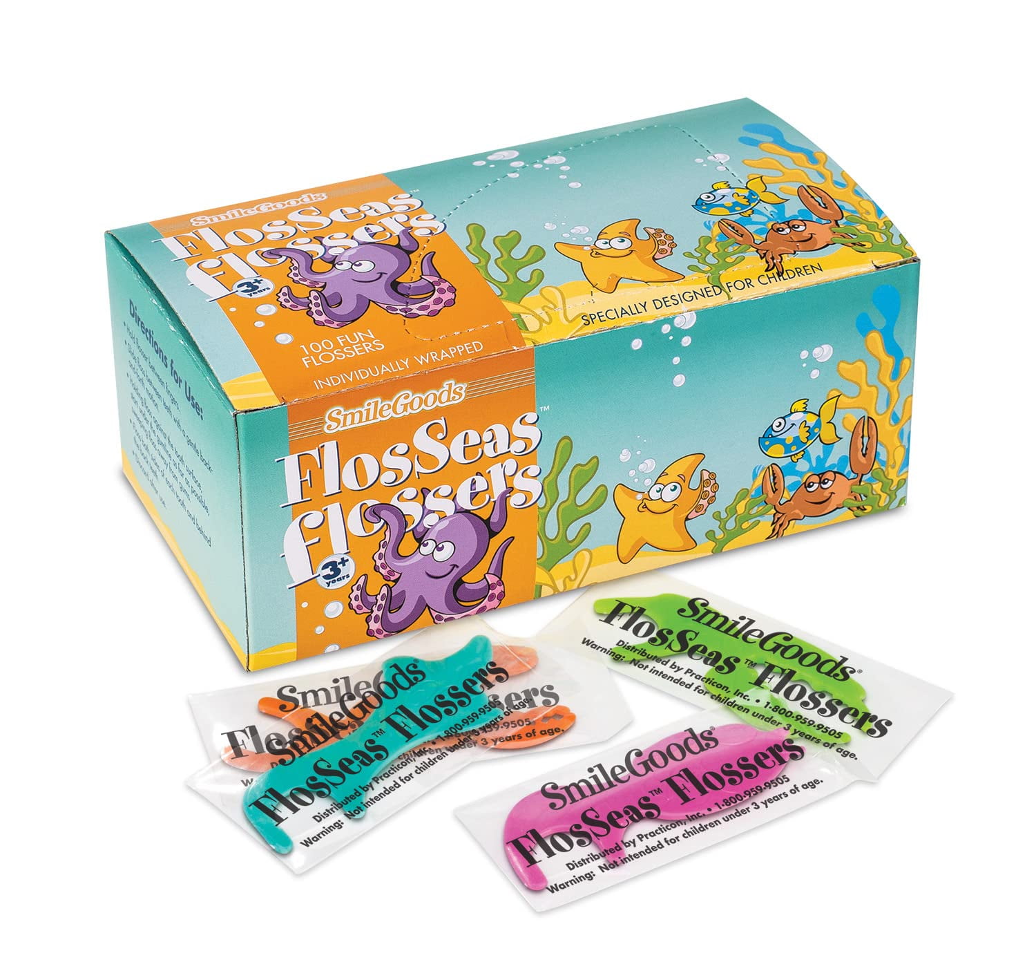 Practicon SmileGoods FlosSeas Flossers, AIF9 Individually Wrapped Kids Flossers, Sea Animal Shaped Flosser for Children, Box of 200