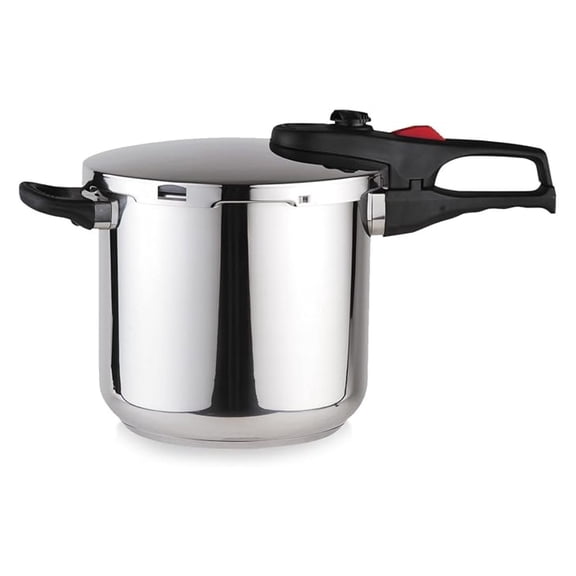 Practika Plus 8-Quart Stainless Steel Pressure Cooker, Suitable for All Types of , 5-Layer Heat Diffuser Bottom, 5 Safety Systems, Even Heat Distribution