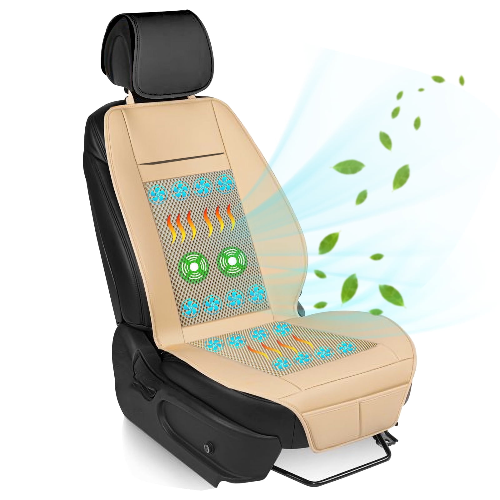 Practisol 12V Cooling and Heated Car Seat Cover Cooling Car Seat Cushion Ventilated Seat Heater Cooler Massage Seat Cushion with Heat Winter Summer Use Beige 1PCS
