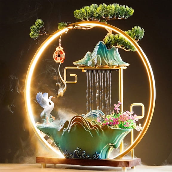 Practisol Tabletop Water Fountains Indoor Waterfall Fountains Bird LED Light Ring Backflow Incense Burner Mist Pump Indoor Zen Relaxation for Office, Living Room, or Bedroom (Crane)