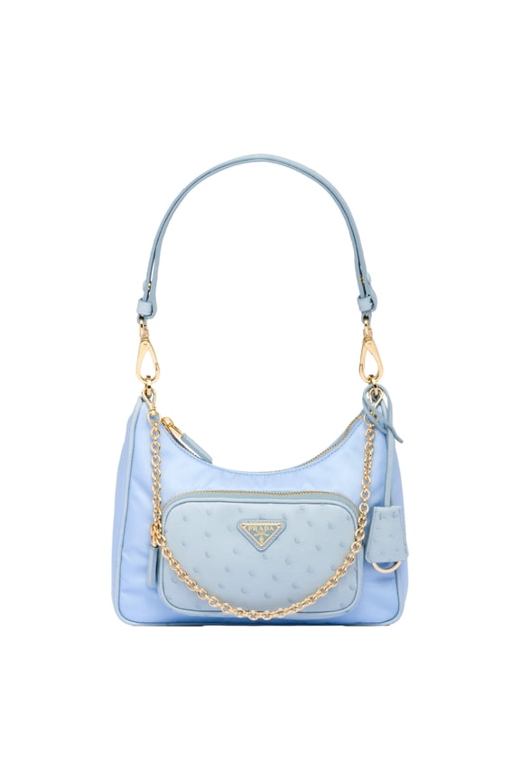 2Way Tessuto Nylon Cielo Blue Ostrich Leather Shoulder Handbag