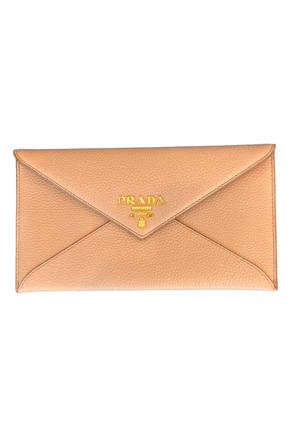 Beige Vitello Grain Leather Long Envelope Wallet