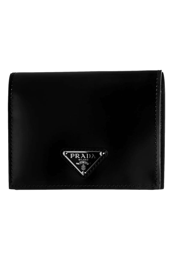 Bifold Black Polished Leather Triangle Logo Card Holder Wallet