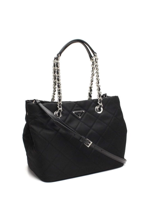 Black Quilted Tessuto Chain Shoulder Bag Tote