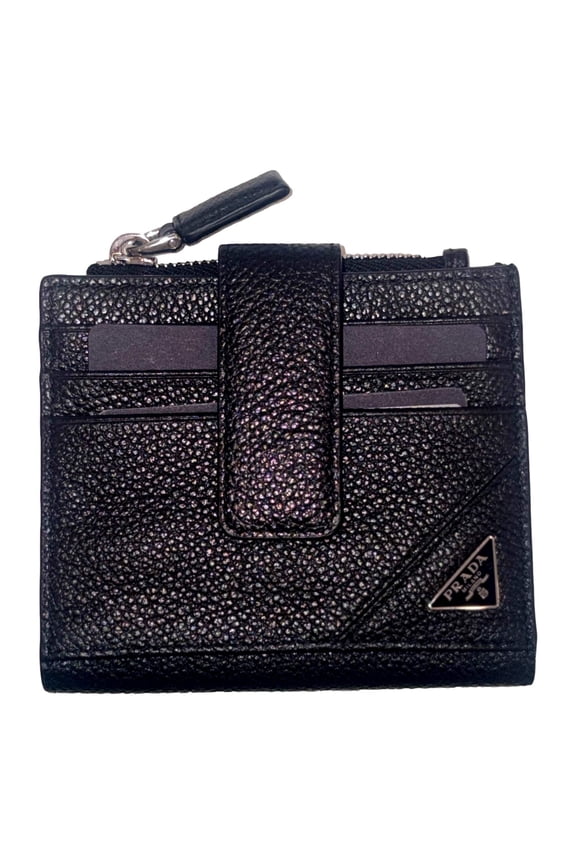 Black Vitello Grain Leather Card Case Bifold Wallet with Zipper Coin Pouch