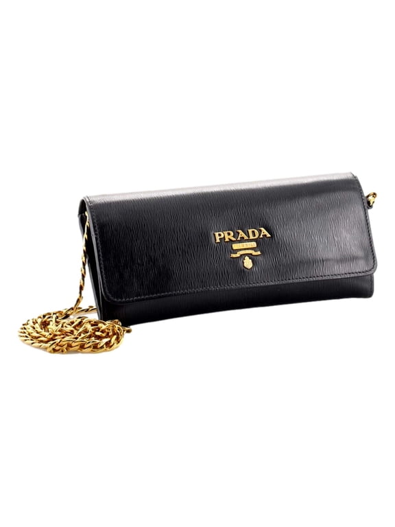Black Vitello Move Leather Chain Crossbody Wallet Clutch