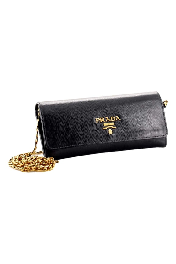 Black Vitello Move Leather Chain Crossbody Wallet Clutch
