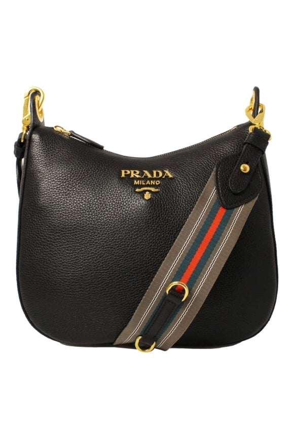 Black Vitello Phenix Leather Web Stripe Strap Crossbody 1BC166