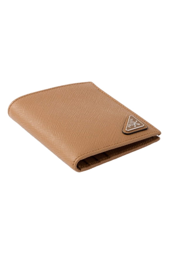 Caramel Saffiano Leather Silver Triangle Logo Bifold Card Holder Wallet