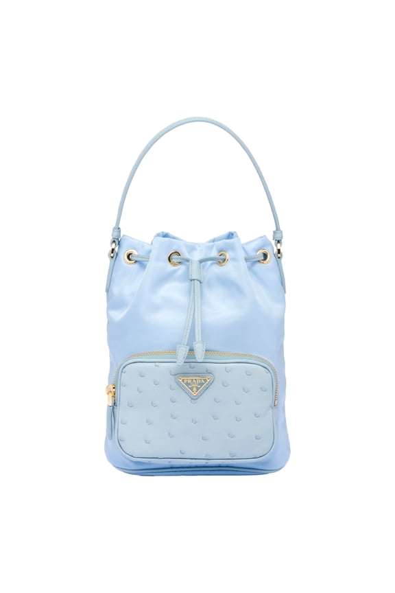 Duet Tessuto Nylon Ostrich Leather Cielo Blue Bucket Bag