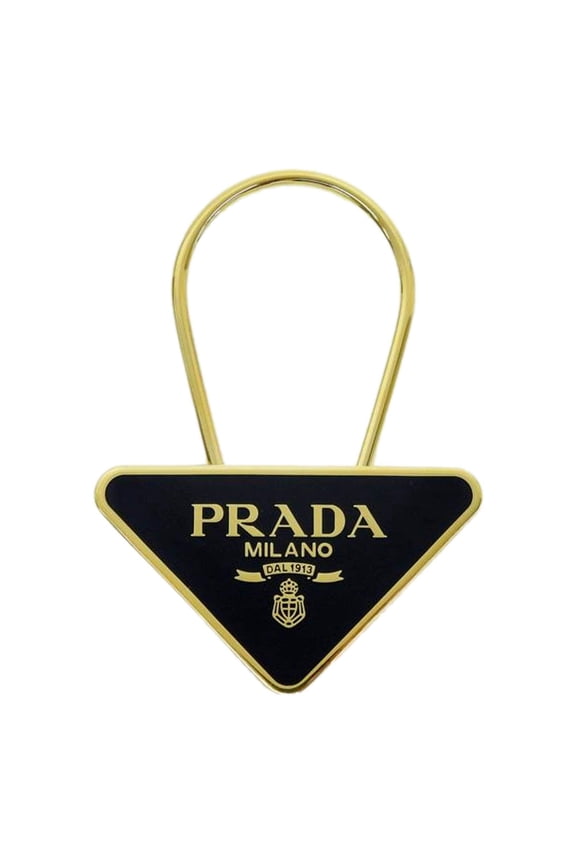 Enameled Metal Logo Pin Key Ring Black and Gold Purse Charm