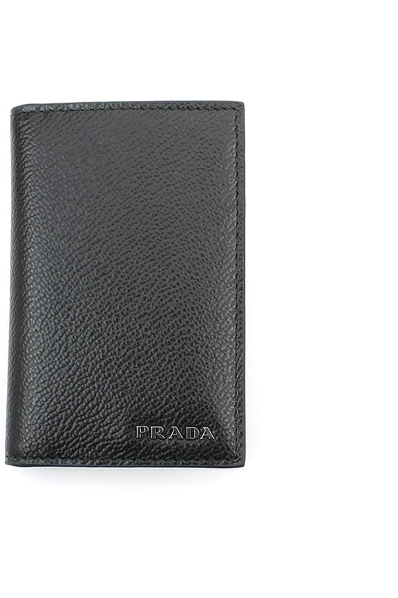 Men's Vitello Micro Grain Black Leather Vertical Bifold Card Holder Silver Logo New