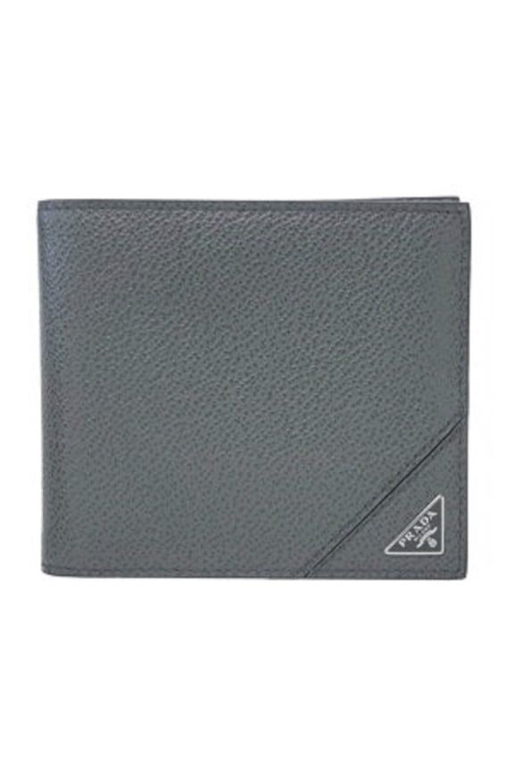 Mens Bifold Vitello Micro Grain Gray Leather Triangle Logo Bifold Wallet