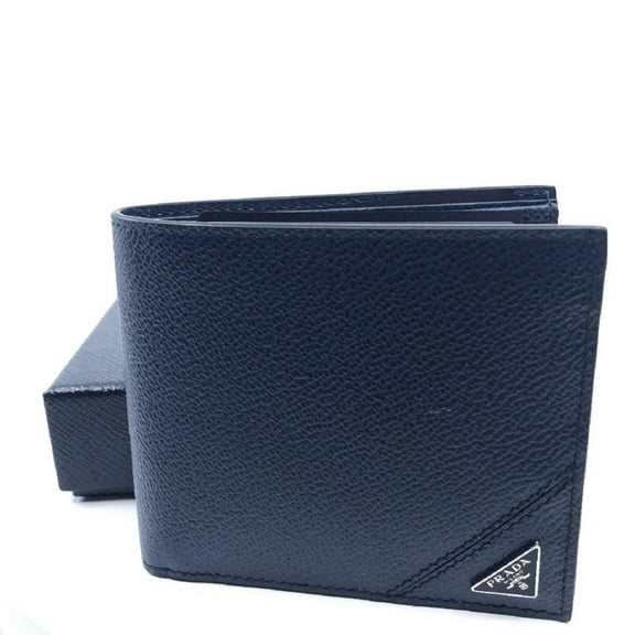 Prada Mens Vitello Micro Grain Navy Blue Leather Triangle Logo Bifold Wallet New