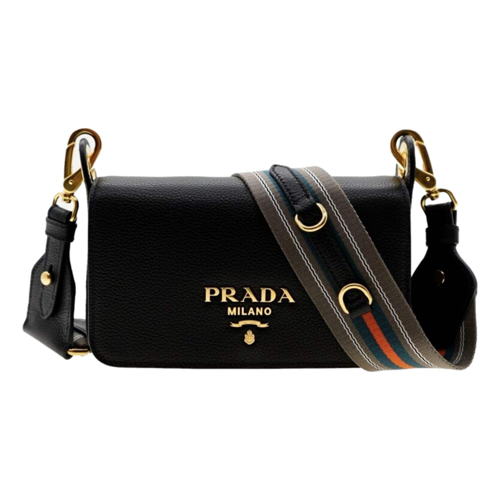 Prada Milano Black Small Leather Crossbody Bag Web Stripe Strap