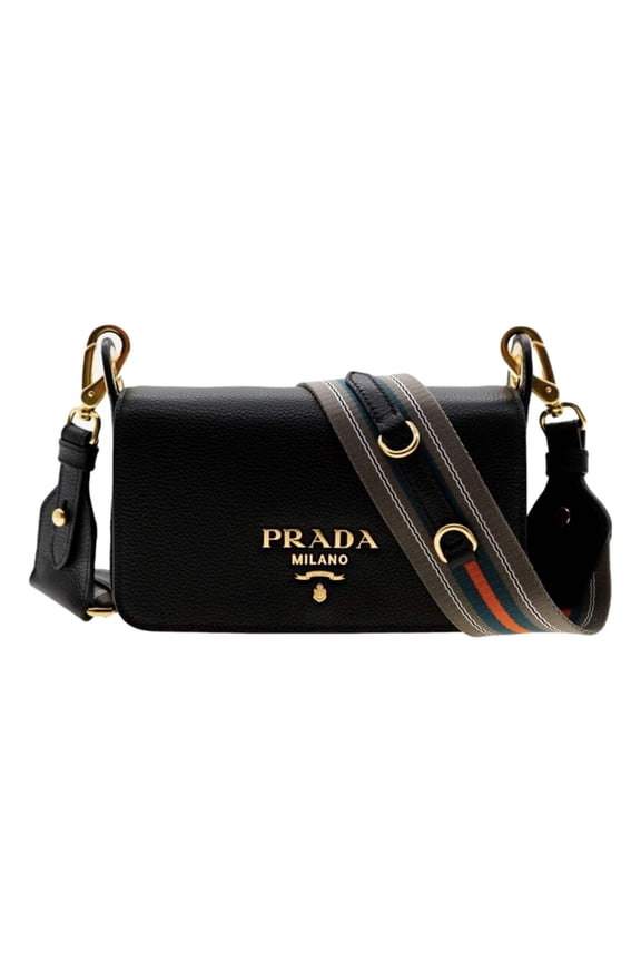 New Prada Milano Black Small Leather Crossbody Bag Web Stripe Strap