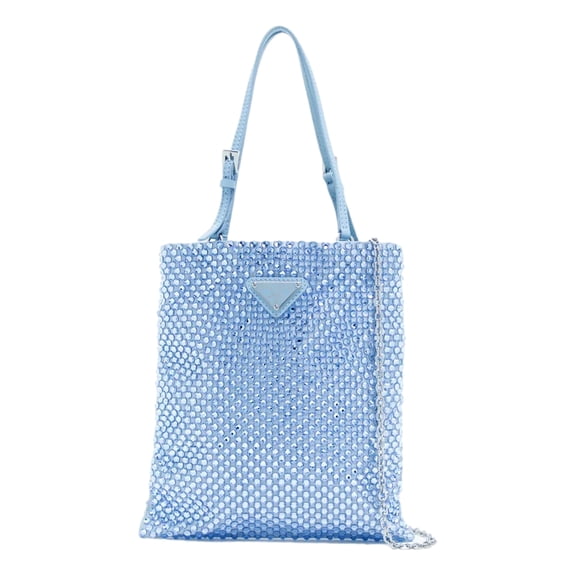 Prada Mini Satin Crystal Embellished Double Handle Crossbody Handbag Light Blue