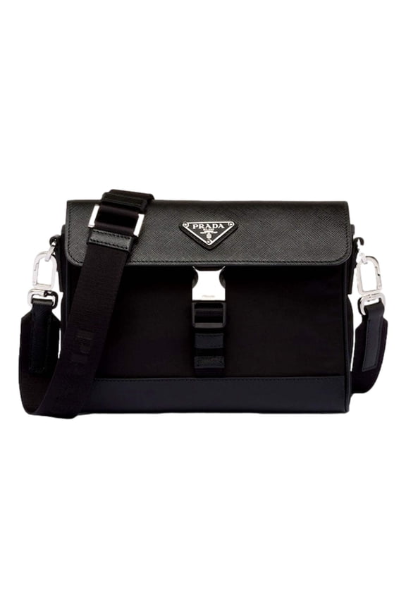 Nero Black Re-Nylon Saffiano Silver Triangle Logo Messenger Crossbody Bag
