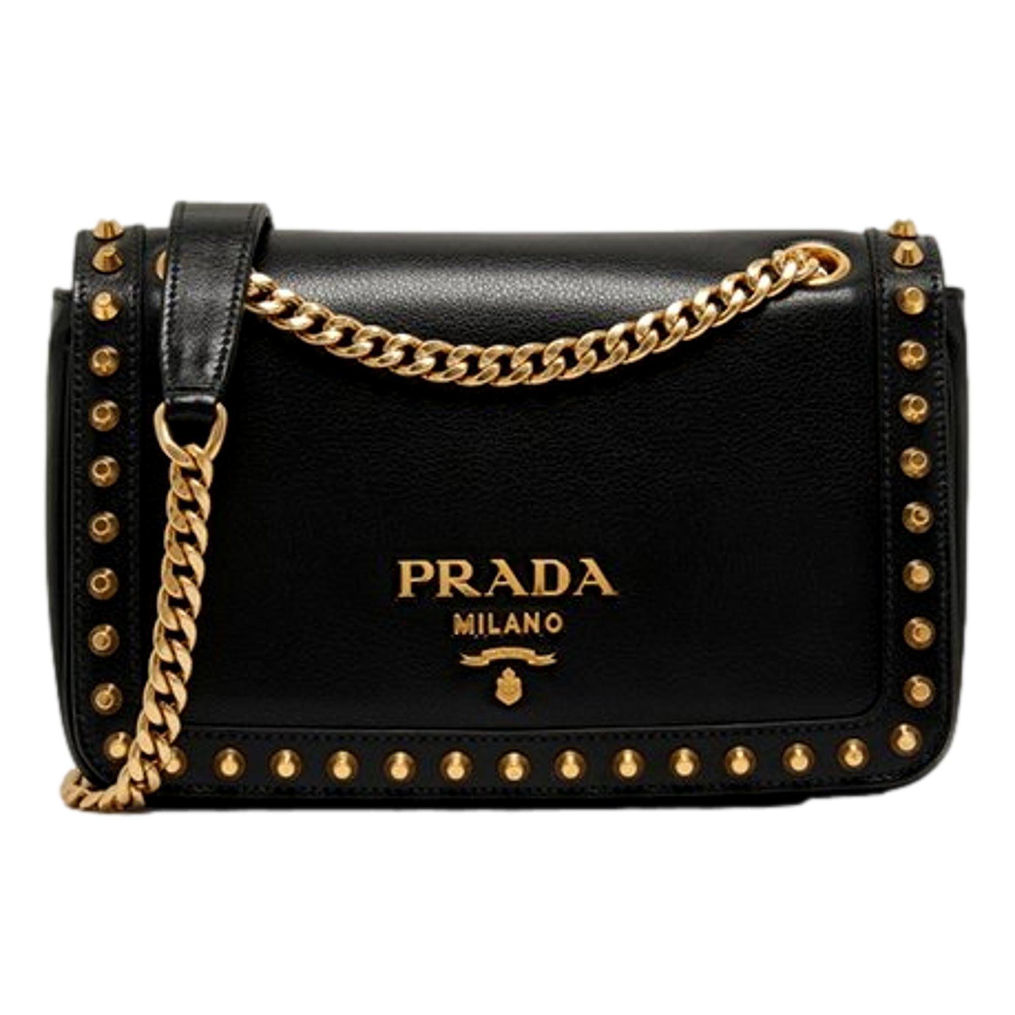 バッグ PRADA Bag Prada Pattina Black Calf Leather Studded Flap Chain Crossbody Bag