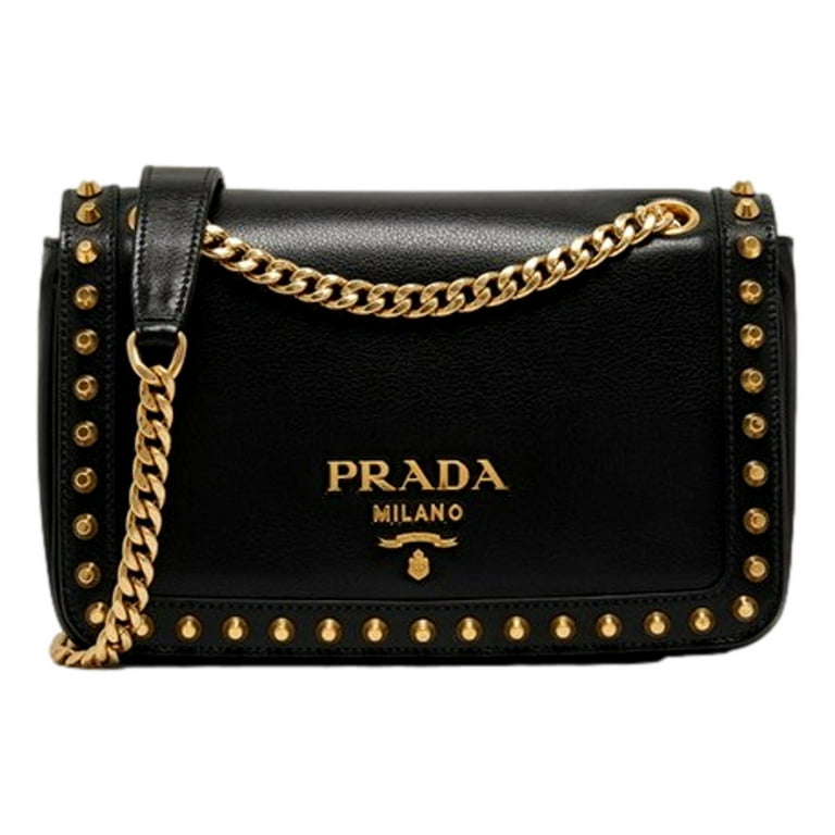 【美品】PRADAチェーンバッグ Prada Pattina Black Calf Leather Studded Flap Chain Crossbody Bag