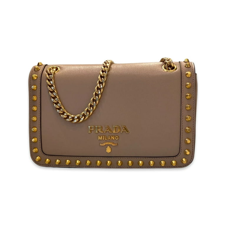 Prada Pattina Glace Calf Leather Cammeo Beige Gold Studded Bag 1BD147 