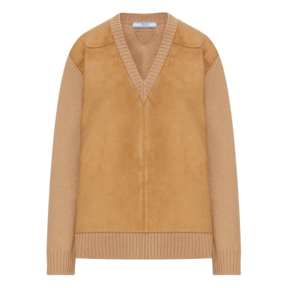 Prada Relaxed Fit Camel Sweater With Deep V-Neck And Suede-Like Accents (Women's)