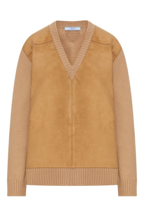 Relaxed Fit Camel Sweater With Deep V-Neck And Suede-Like Accents (Women's)