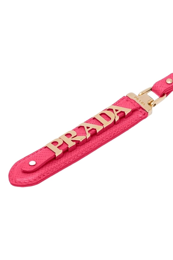 Saffiano Leather Clip Keychain Peony Pink Gold Logo Lettering