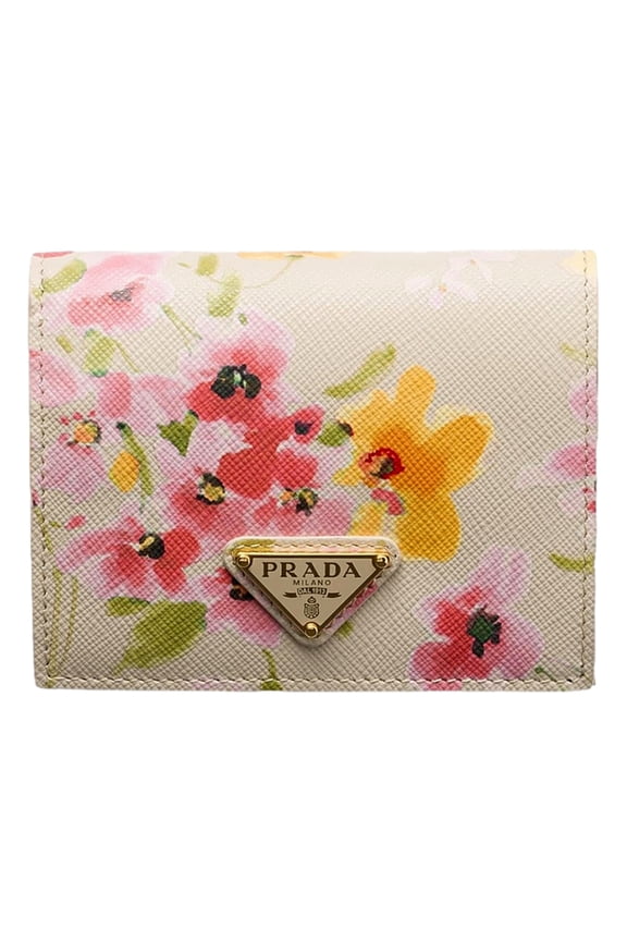 Saffiano Leather Floral Bifold Wallet Neutral Gold Hardware Snap Closure Made in Italy New