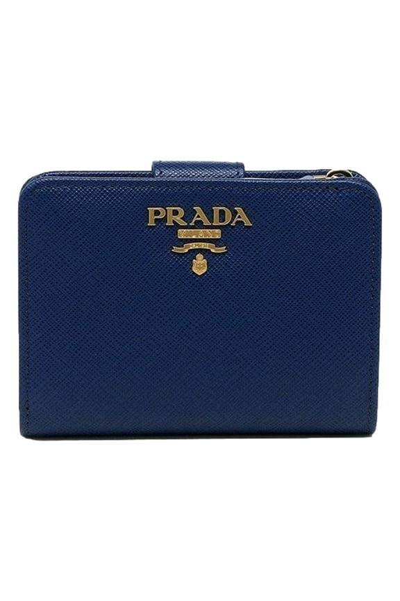 Saffiano Metal Compact Wallet Bluette Blue Multicolor Gold Hardware
