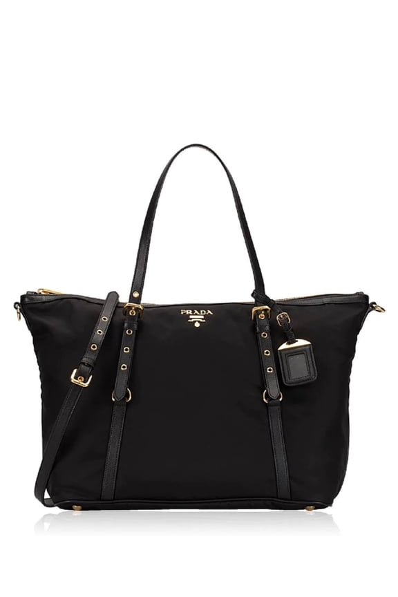 Tessuto Nylon Saffiano Leather Black Top Zip Tote Bag 1BG253