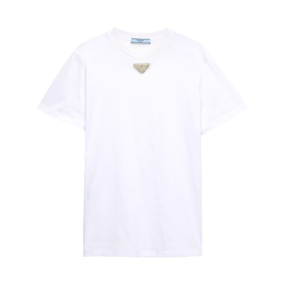 Prada Triangle-Embroidered T-Shirt With Rhinestone Detail (Women's)