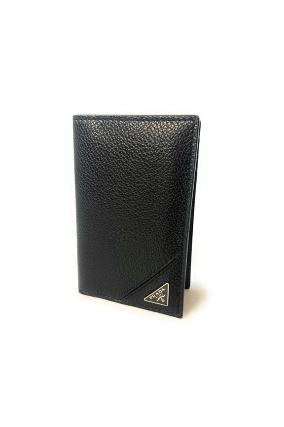 Vitello Grain Black Leather Triangle Logo Vertical Bifold Wallet New