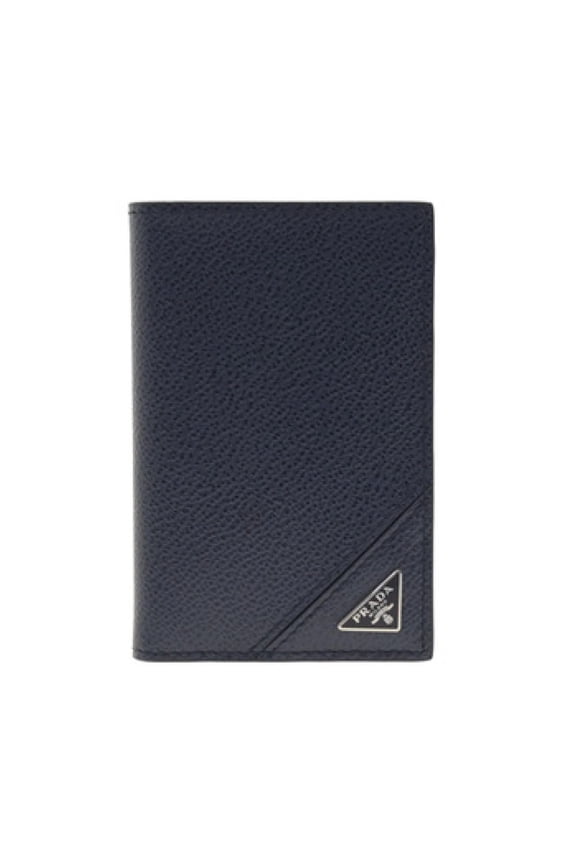 Vitello Grain Blue Leather Triangle Logo Vertical Bifold Wallet