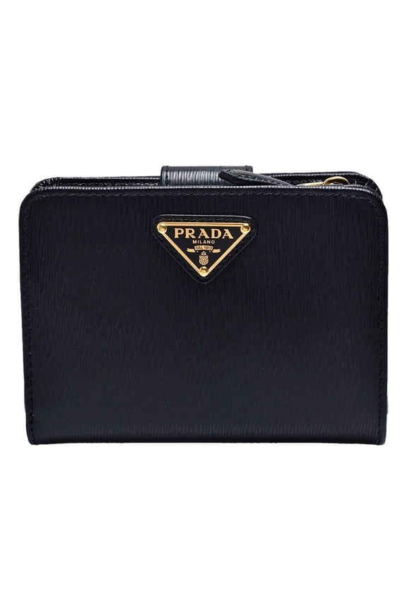 Vitello Move Nero Black Leather Small Wallet with Zipper Gold Triangle Logo