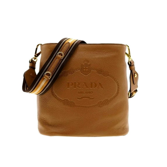 Prada Womens NEW Vitello Phenix Caramel Leather Stripe Strap Bucket Bag
