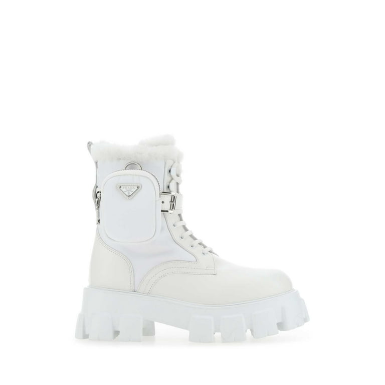 Prada Woman White Leather And Re Nylon Monolith Boots