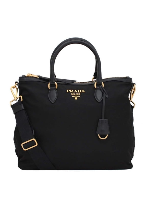 Womens Black Nylon Calf Leather Trim Tote Bag 1BC060