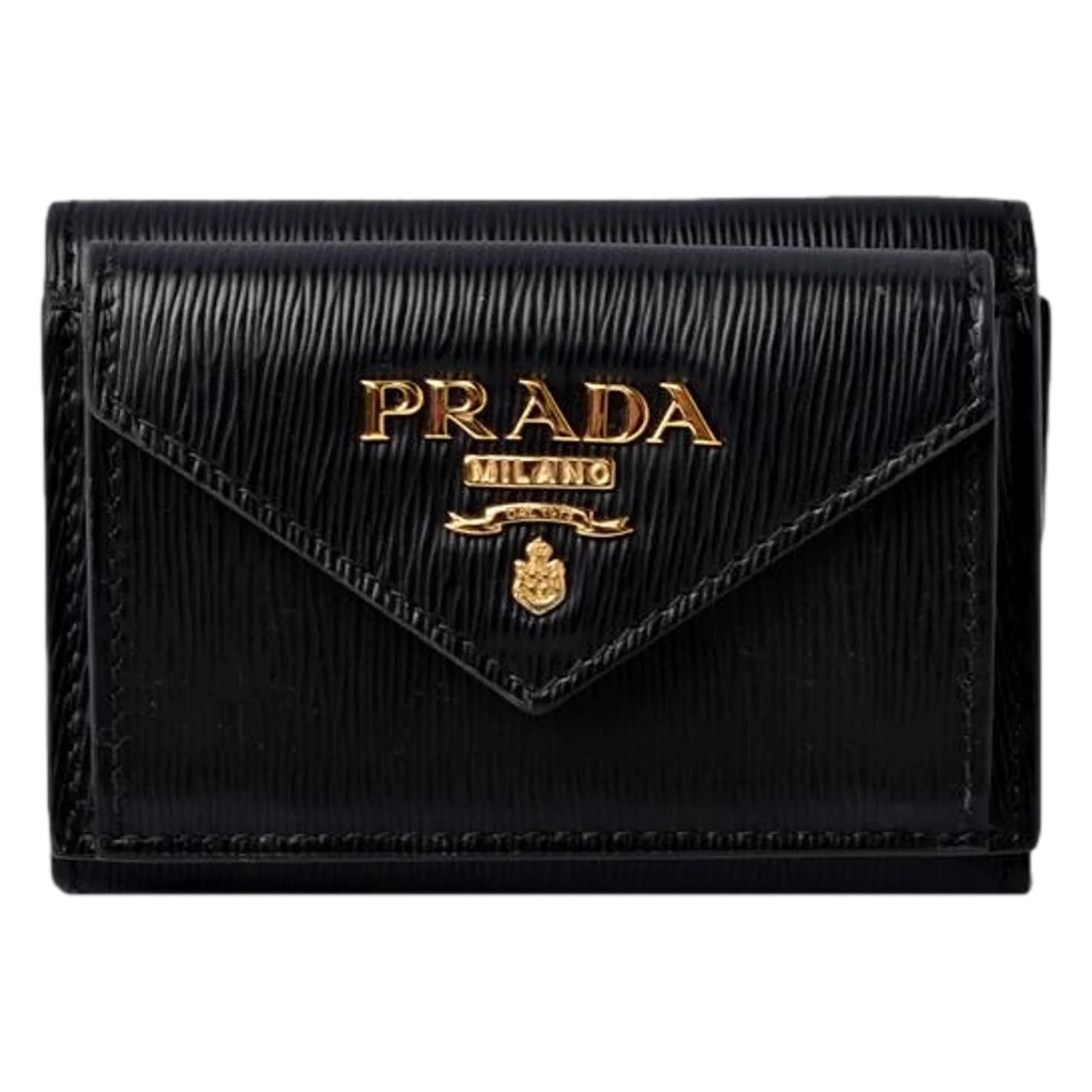 Prada Womens Vitello Move Black Leather Compact Envelope Trifold