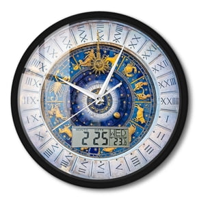 Prague Astronomical Zodiac Wall Clock with Digital LCD Module Shows Temperature Calendar Date Week