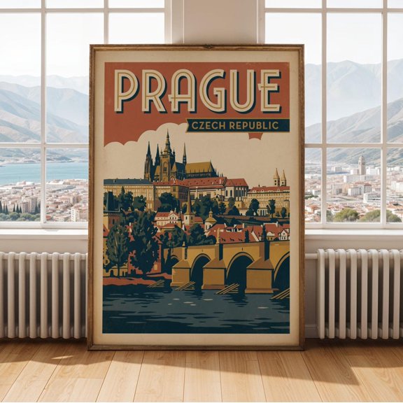 Prague Castle Wall Art Print, Rust Brown Cream Retro Flat Vector Travel Art