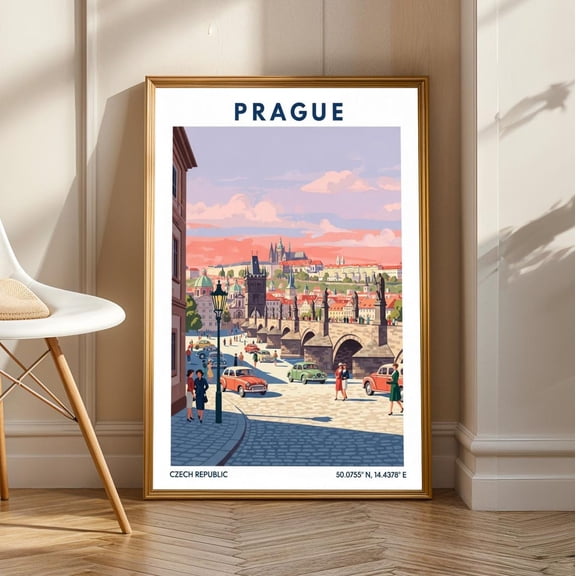 Prague Charles Bridge Poster: Vintage Gouache European Cityscape Art, Stretched Canvas Size 12x18