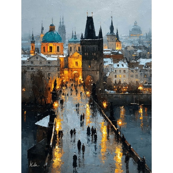 Prague Charles Bridge Winter Canvas Wall Art, Snowy Gothic Cityscape, Czech Home Decor
