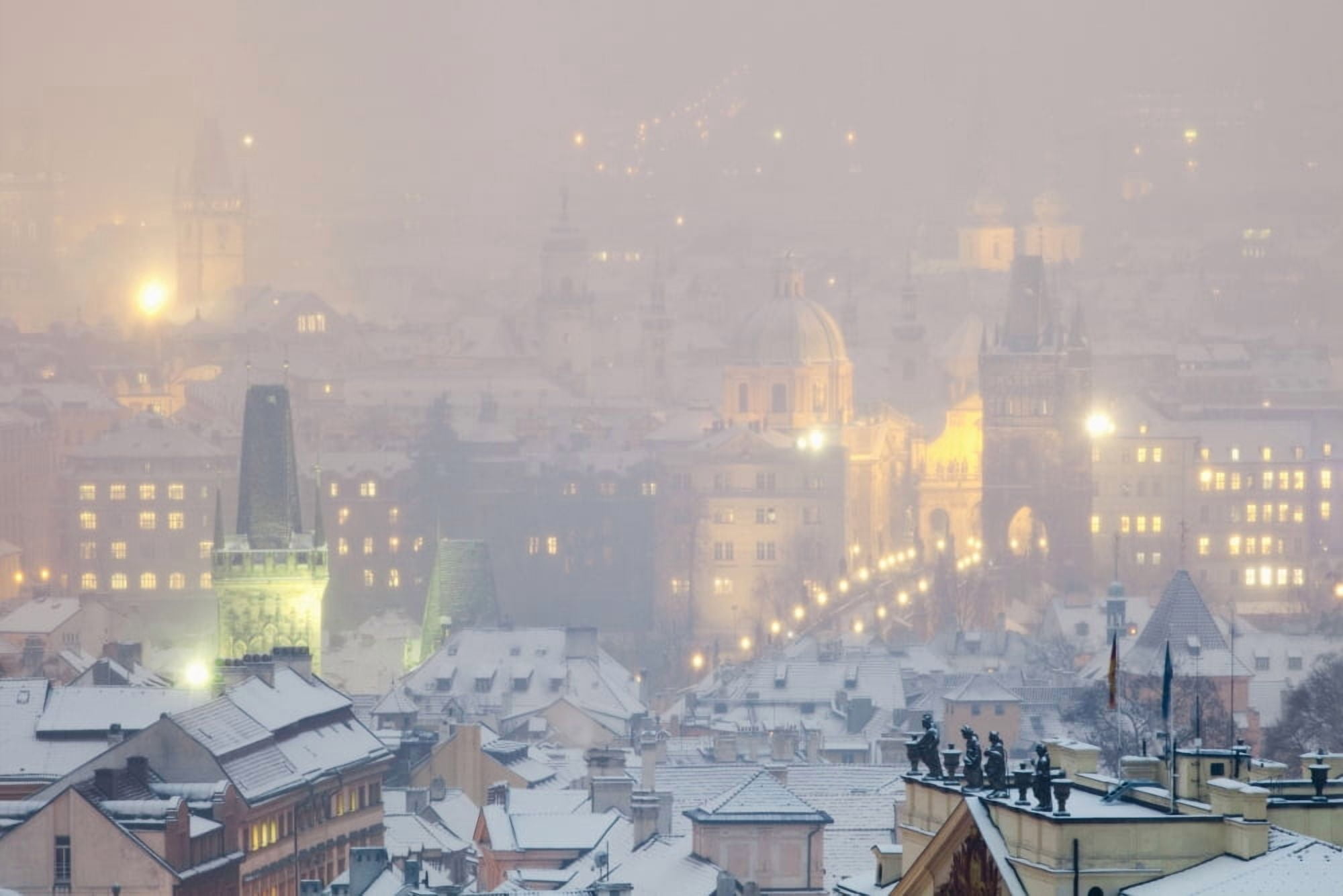 Prague - Charles Bridge and spires of the Old Town during snowfall Canvas Art - Panoramic Images (36 x 12)