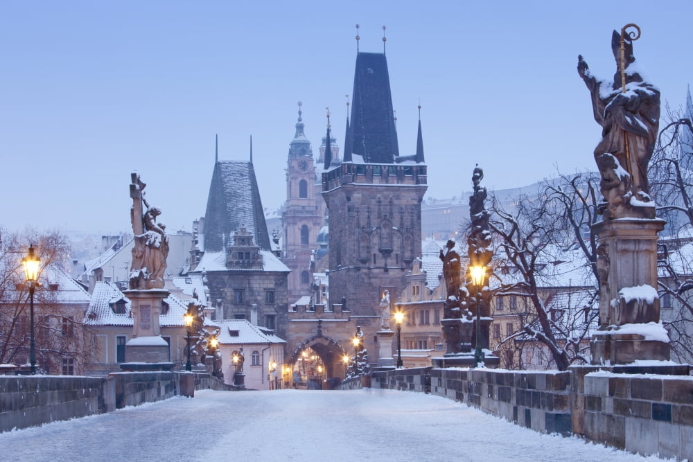 Prague - Charles Bridge tower nad St Nicolas church on winter morning Canvas Art - Panoramic Images (27 x 9)