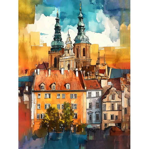 Prague Church and Buildings Watercolor Painting Canvas Art Perfect for Living Room Bedroom Office Hotel and Restaurant Decoration
