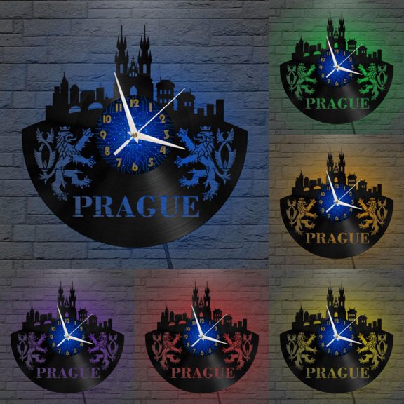 Prague City View 12 Inch Vinyl Record Wall Clock - Silent, Creative, and Unique Clock for Living Room, Entryway, or Bedroom Decor - Perfect Gift Idea(12 inchs B with LED)
