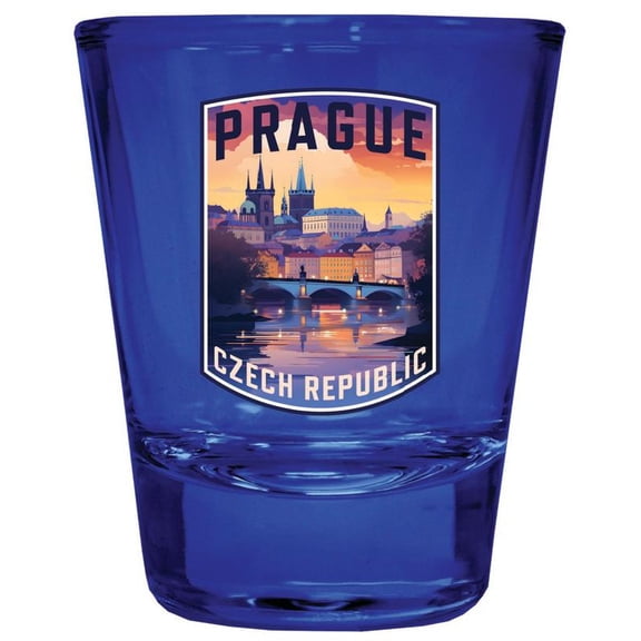 Prague Czech Republic Design B Souvenir Full Color 2 oz Round Shot Glass Blue